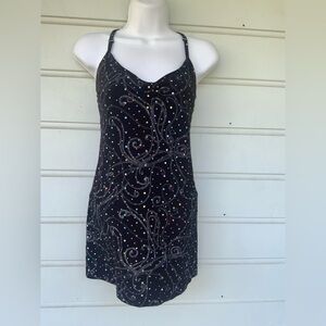 Vintage Y2K Black & Silver Sequin Embellished Slip Dress w/ Leotard Sz S/M
